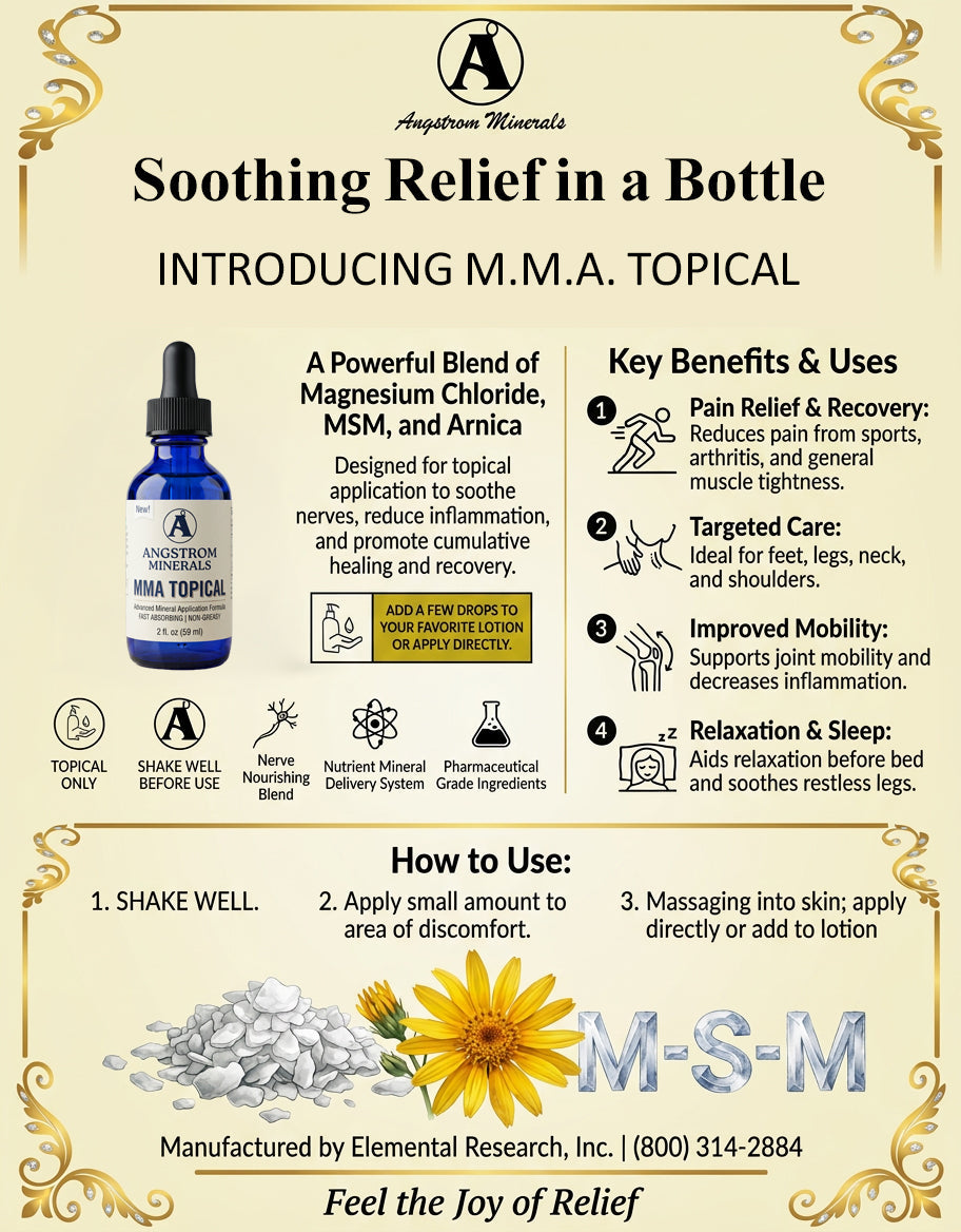 Relief in a Bottle - M.M.A. Topical – Triple Action Magnesium Chloride + MSM + Arnica Relief Liquid