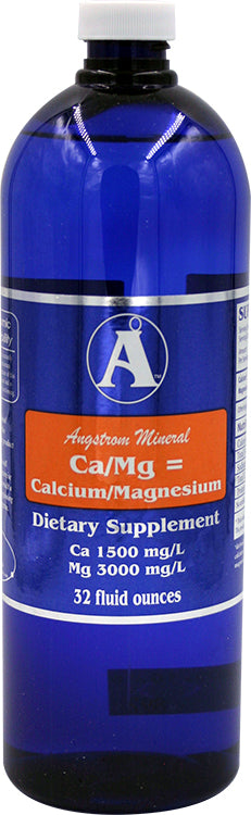 The Angstrom Minerals Cal/Mag supplement from Elemental Research, Inc. is a liquid calcium-magnesium blend ( 1500 mg/L Ca + 3000 mg/L Mg) designed for superior absorption. It's sold in 32 oz blue plastic bottles with a consistent branding style: dark blue body, white cap, prominent logo, orange/yellow label accents, and text highlighting "Angstrom Minerals Cal/Mag," mineral concentrations, and benefits such as bone health support.