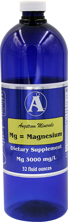 The Angstrom Minerals Magnesium supplement from Elemental Research, Inc. is a liquid magnesium  (3000 mg/L Mg) designed for superior absorption. It's sold in 32 oz blue plastic bottles with a consistent branding style: dark blue body, white cap, prominent logo, yellow label accents, and text highlighting "Angstrom Minerals Magesium," mineral concentrations, and benefits such as cardiovascular, bone, and hormone health support.